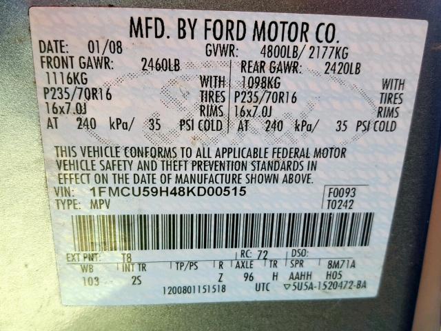 1FMCU59H48KD00515 - 2008 FORD ESCAPE HEV GRAY photo 10