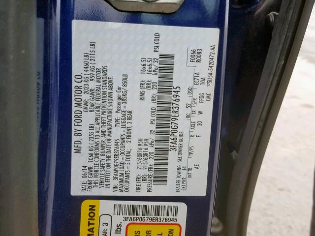 3FA6P0G79ER376945 - 2014 FORD FUSION S BLUE photo 10