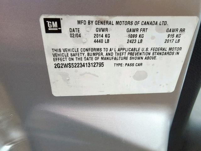 2G2WS522341312795 - 2004 PONTIAC GRAND PRIX SILVER photo 10