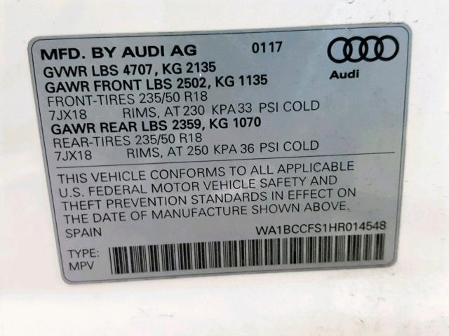 WA1BCCFS1HR014548 - 2017 AUDI Q3 PREMIUM WHITE photo 10