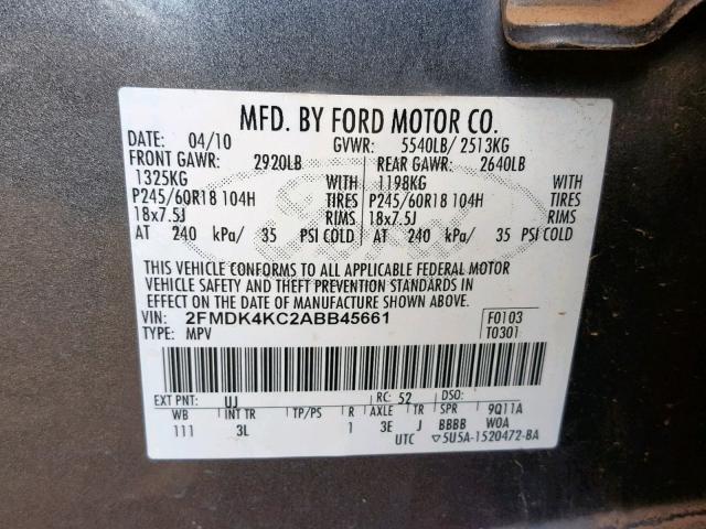 2FMDK4KC2ABB45661 - 2010 FORD EDGE LIMIT GRAY photo 10