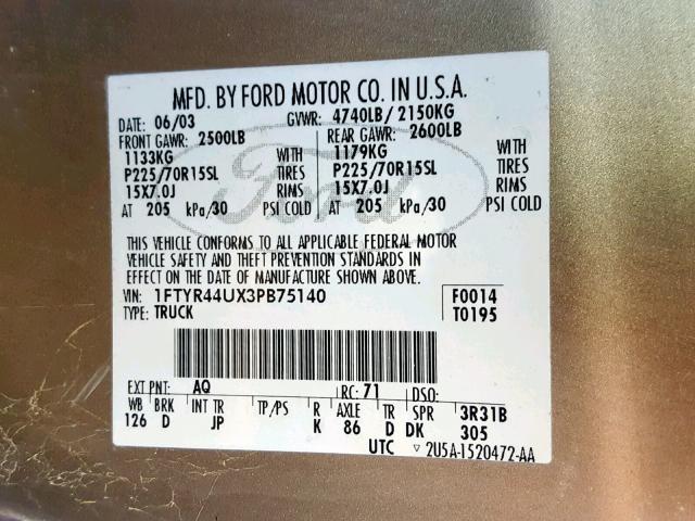 1FTYR44UX3PB75140 - 2003 FORD RANGER SUP GOLD photo 10
