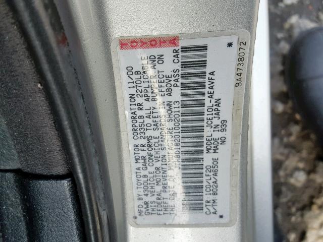 JTHBD182010020113 - 2001 LEXUS IS 300 SILVER photo 10