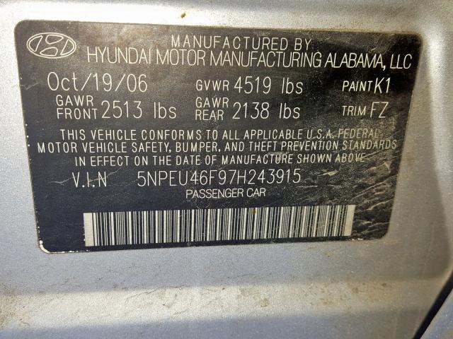 5NPEU46F97H243915 - 2007 HYUNDAI SONATA SE GRAY photo 10