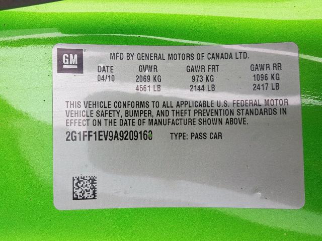 2G1FF1EV9A9209160 - 2010 CHEVROLET CAMARO LT GREEN photo 10