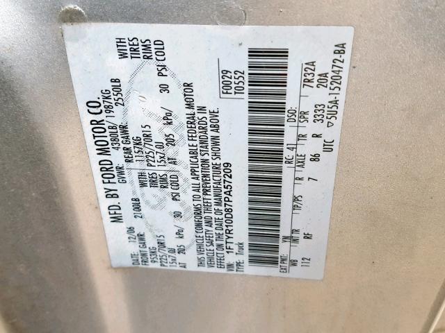 1FTYR10D87PA57209 - 2007 FORD RANGER SILVER photo 10