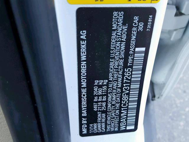 WBAVM1C58FV317265 - 2015 BMW X1 SDRIVE2 WHITE photo 10