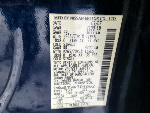 1N6AA07D58N305662 - 2008 NISSAN TITAN XE BLUE photo 10