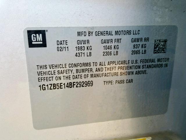 1G1ZB5E14BF292969 - 2011 CHEVROLET MALIBU LS Күміс фото 10