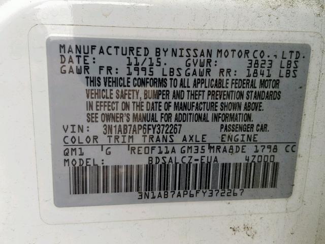 3N1AB7AP6FY372267 - 2015 NISSAN SENTRA S WHITE photo 10