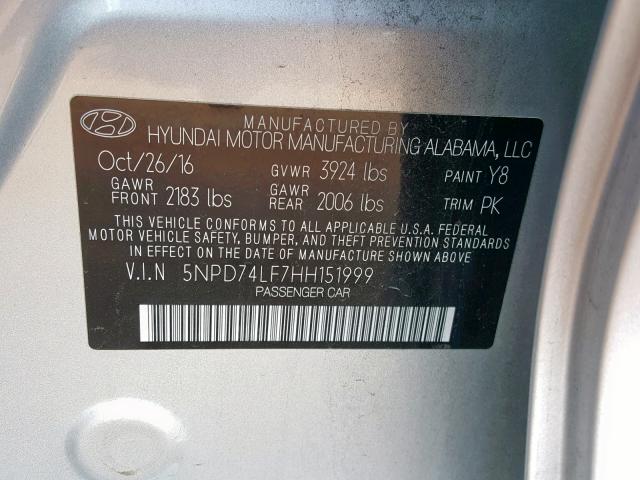 5NPD74LF7HH151999 - 2017 HYUNDAI ELANTRA SE SILVER photo 10