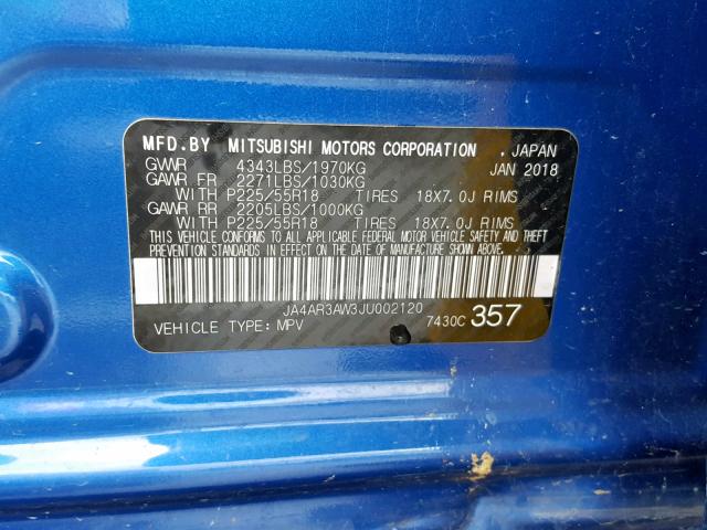 JA4AR3AW3JU002120 - 2018 MITSUBISHI OUTLANDER BLUE photo 10