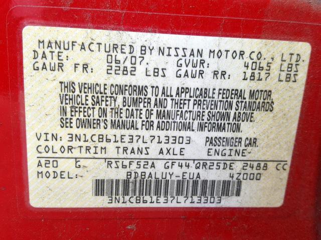 3N1CB61E37L713303 - 2007 NISSAN SENTRA SE- RED photo 10