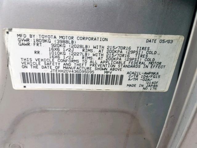 JTEHH20V436095095 - 2003 TOYOTA RAV4 SILVER photo 10