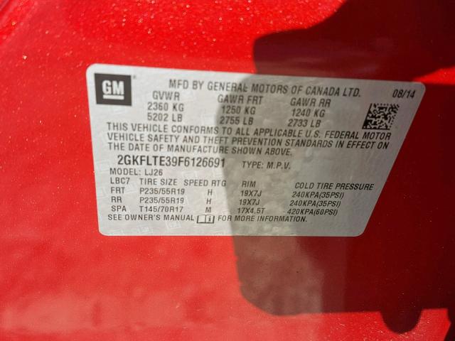 2GKFLTE39F6126691 - 2015 GMC TERRAIN SL RED photo 10