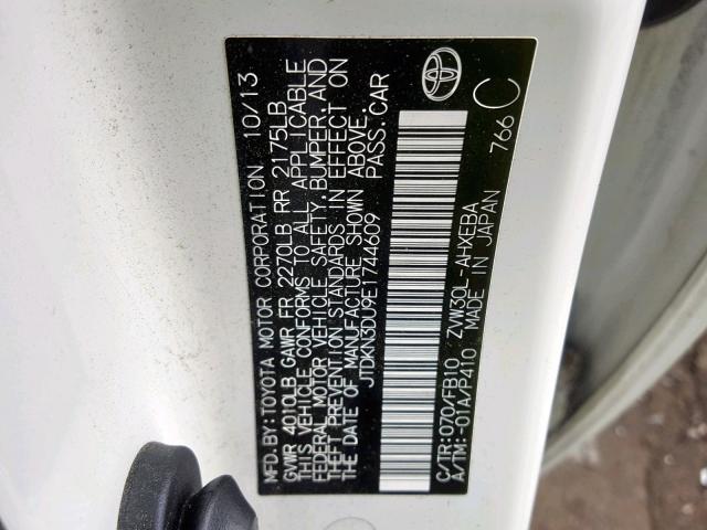 JTDKN3DU9E1744609 - 2014 TOYOTA PRIUS WHITE photo 10