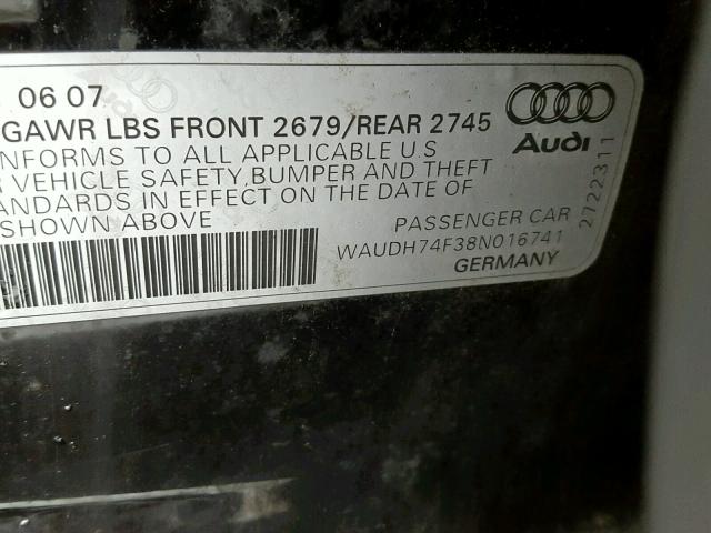 WAUDH74F38N016741 - 2008 AUDI A6 3.2 QUA BLACK photo 10