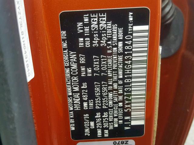 5XYZT3LB1HG431840 - 2017 HYUNDAI SANTA FE S 橙色 照片 10