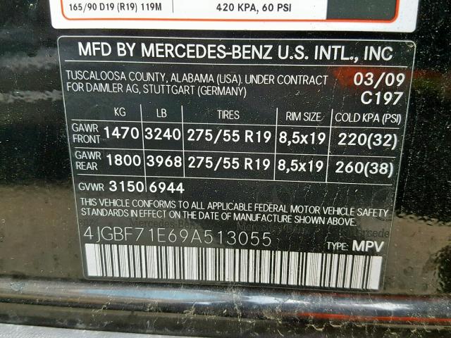 4JGBF71E69A513055 - 2009 MERCEDES-BENZ GL 450 4MA BLACK photo 10