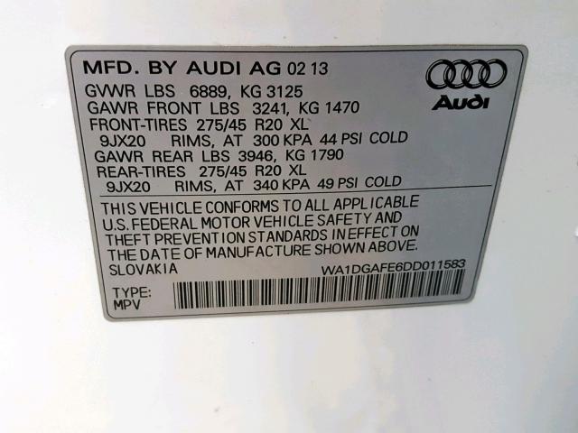 WA1DGAFE6DD011583 - 2013 AUDI Q7 PRESTIG WHITE photo 10