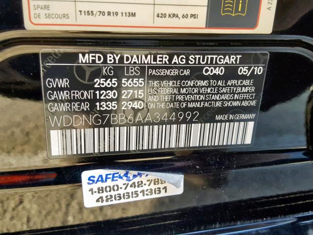 WDDNG7BB6AA344992 - 2010 MERCEDES-BENZ S 550 BLACK photo 10