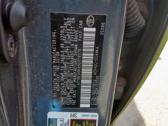 4T1BE46KX9U278576 - 2009 TOYOTA CAMRY BASE 绿色 照片 10