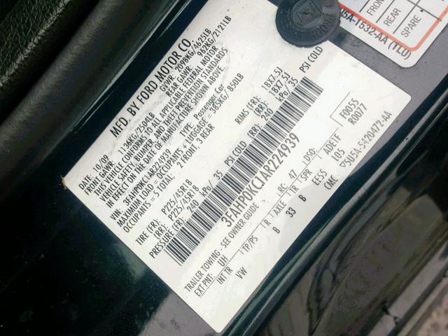 3FAHP0KC1AR224939 - 2010 FORD FUSION SPO BLACK photo 10