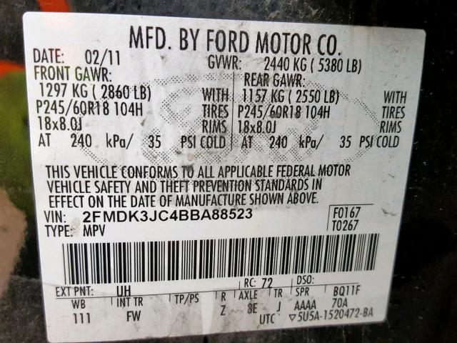 2FMDK3JC4BBA88523 - 2011 FORD EDGE SEL BLACK photo 10