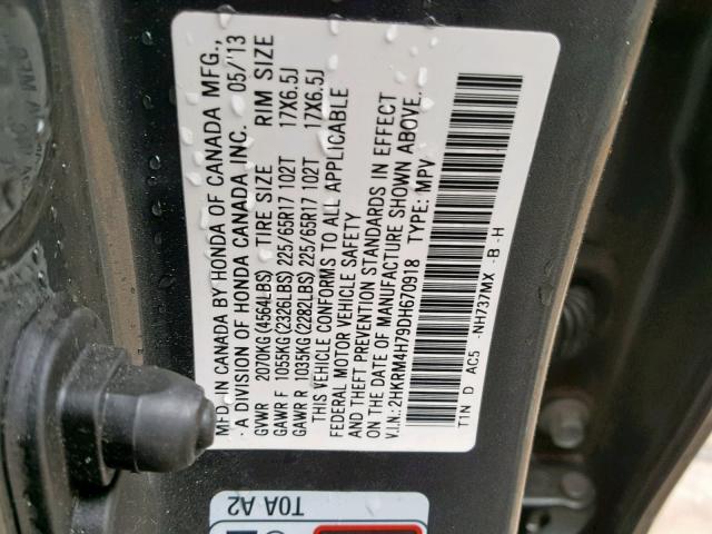 2HKRM4H79DH670918 - 2013 HONDA CR-V EXL GRAY photo 10