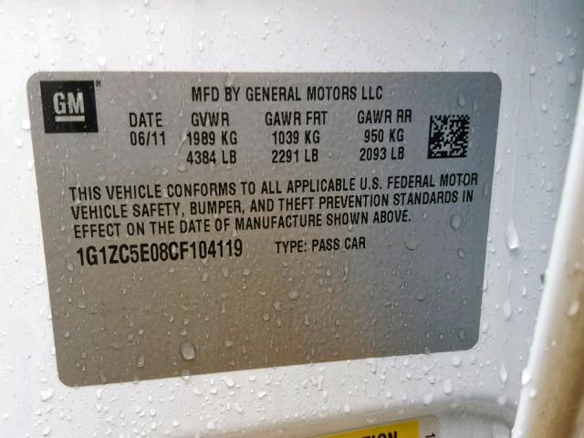 1G1ZC5E08CF104119 - 2012 CHEVROLET MALIBU 1LT თეთრი ფოტო 10