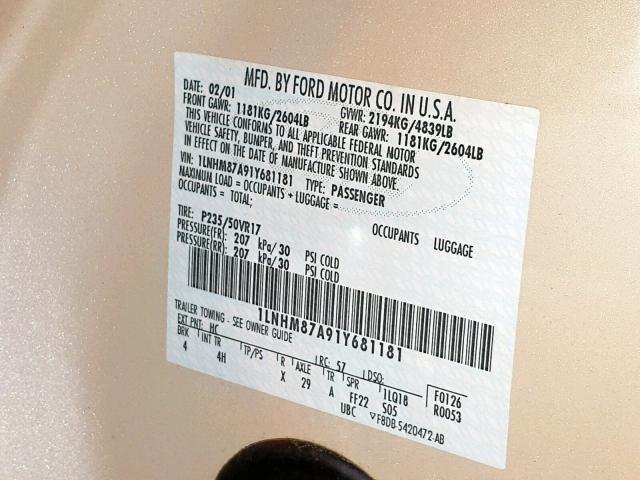 1LNHM87A91Y681181 - 2001 LINCOLN LS კრემისფერი ფოტო 10