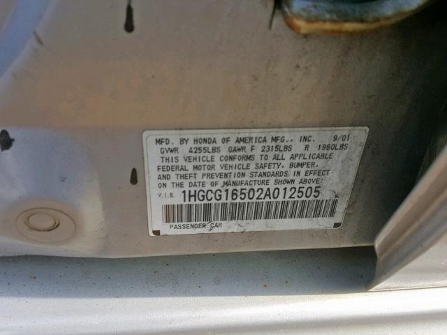 1HGCG16502A012505 - 2002 HONDA ACCORD EX 银色 照片 10