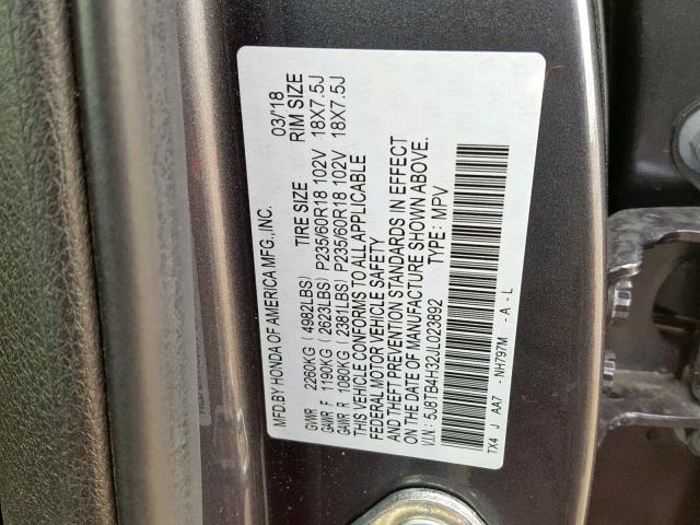 5J8TB4H32JL023892 - 2018 ACURA RDX BASE GRAY photo 10