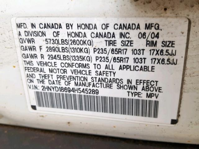 2HNYD18694H545289 - 2004 ACURA MDX TOURIN WHITE photo 10