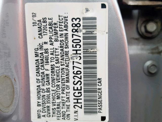 2HGES26773H507883 - 2003 HONDA CIVIC EX SILVER photo 10