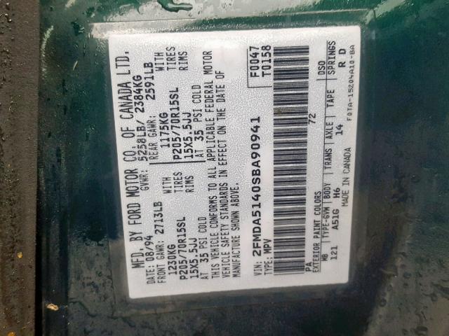 2FMDA5140SBA90941 - 1995 FORD WINDSTAR W GREEN photo 10