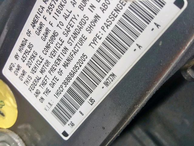 1HGCP36868A052005 - 2008 HONDA ACCORD EXL 灰色 照片 10