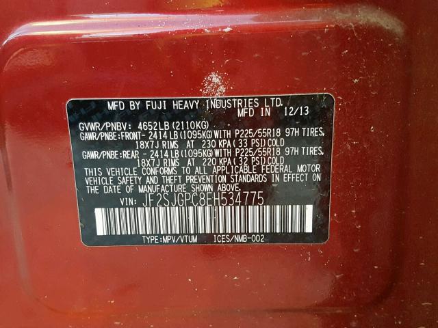 JF2SJGPC8EH534775 - 2014 SUBARU FORESTER 2 RED photo 10