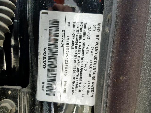 YV1RS59V942350146 - 2004 VOLVO S60 2.5T BLACK photo 10