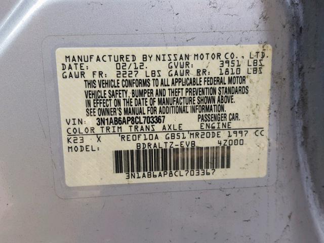 3N1AB6AP8CL703367 - 2012 NISSAN SENTRA 2.0 SILVER photo 10