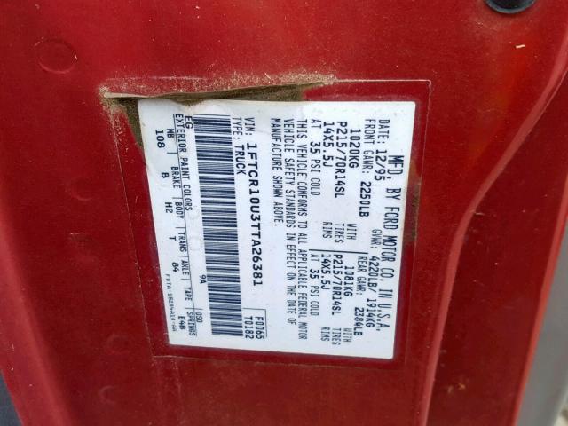 1FTCR10U3TTA26381 - 1996 FORD RANGER RED photo 10