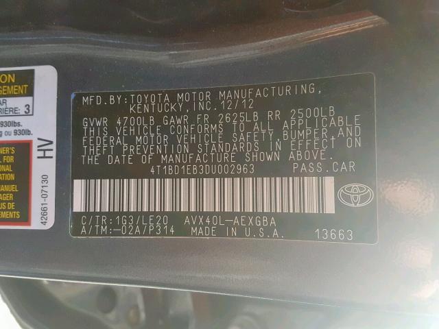 4T1BD1EB3DU002963 - 2013 TOYOTA AVALON HYB GRAY photo 10