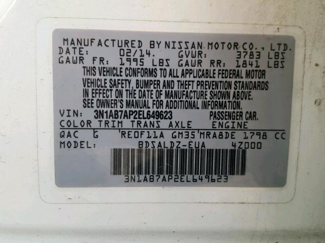 3N1AB7AP2EL649623 - 2014 NISSAN SENTRA S WHITE photo 10