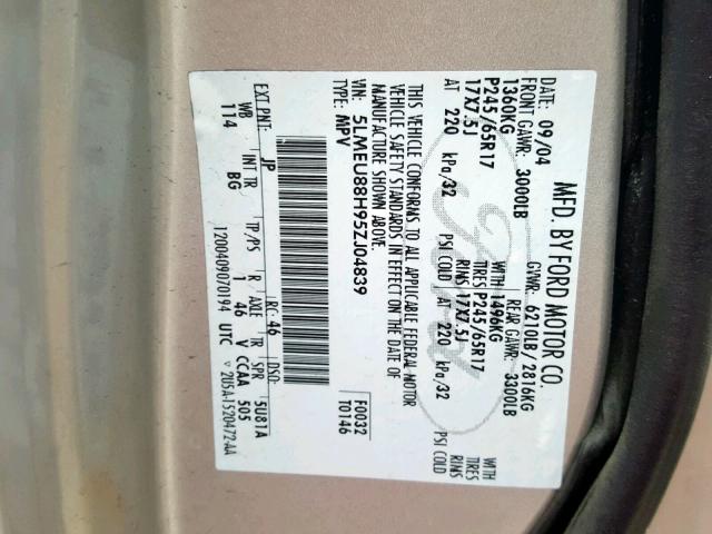 5LMEU88H95ZJ04839 - 2005 LINCOLN AVIATOR 银色 照片 10