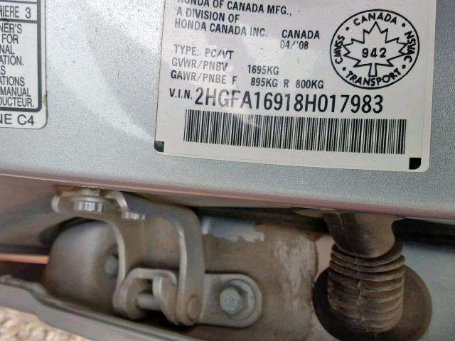 2HGFA16918H017983 - 2008 HONDA CIVIC EXL SILVER photo 10