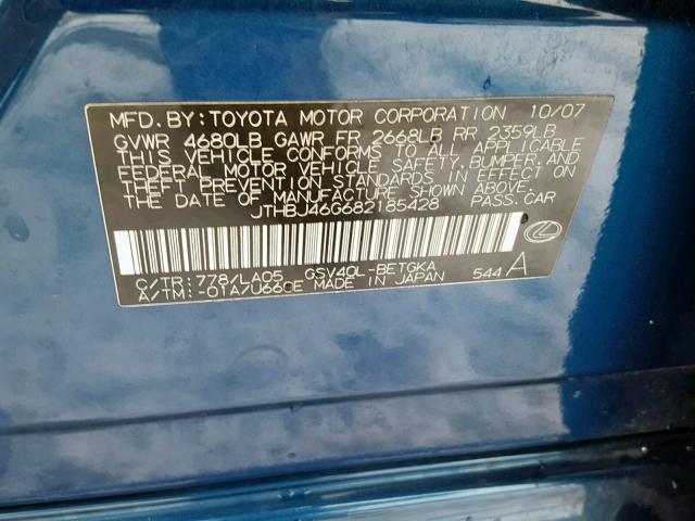 JTHBJ46G682185428 - 2008 LEXUS ES 350 BLUE photo 10