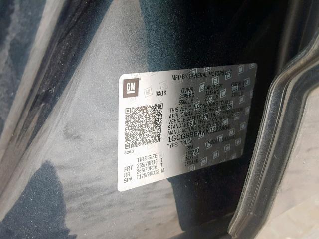 1GCGSBEAXK1122884 - 2019 CHEVROLET COLORADO GRAY photo 10