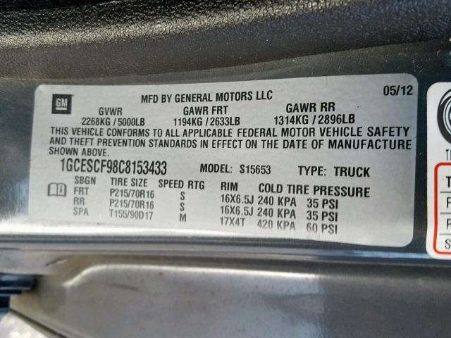 1GCESCF98C8153433 - 2012 CHEVROLET COLORADO L CHARCOAL photo 10