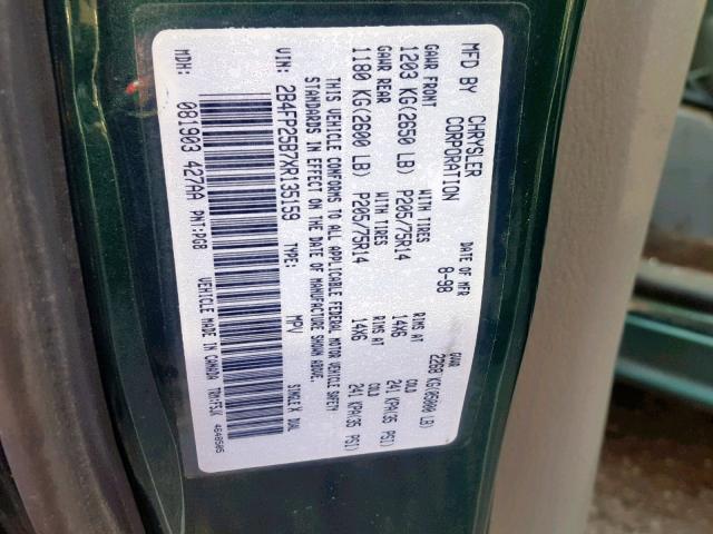 2B4FP25B7XR135159 - 1999 DODGE CARAVAN GREEN photo 10