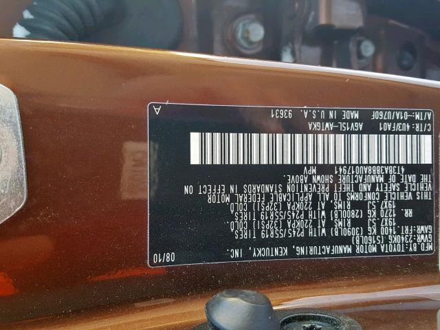 4T3BA3BB8AU017941 - 2010 TOYOTA VENZA BASE GOLD photo 10